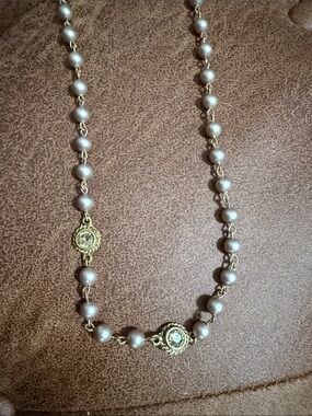 Virgins Saints & Angels Gold Pearl Station Necklace with Crystal Medallions